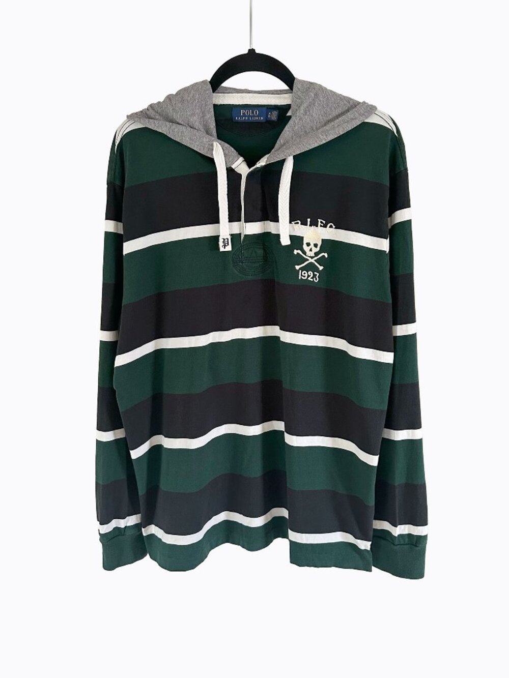 Polo Ralph Lauren Skull Crossbone Hooded Rugby Shirt XL Striped Green Preppy Y2K